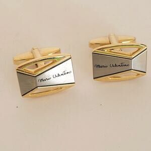 Mario Valentino Gold Silver Tone Logo Cufflinks Geometric Vintage Retro Italian